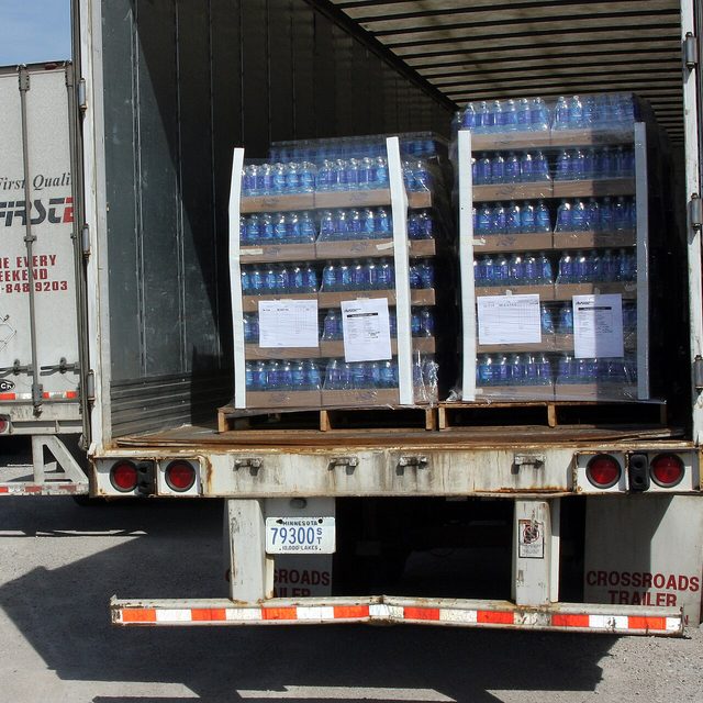 Cases of bottled water loaded on a truck