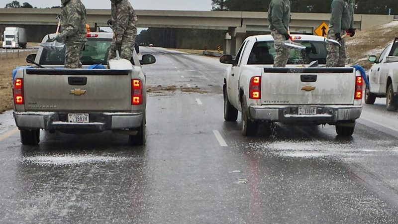 A heavy truck on a treated winter road, the kind of tire a car gauge cannot read