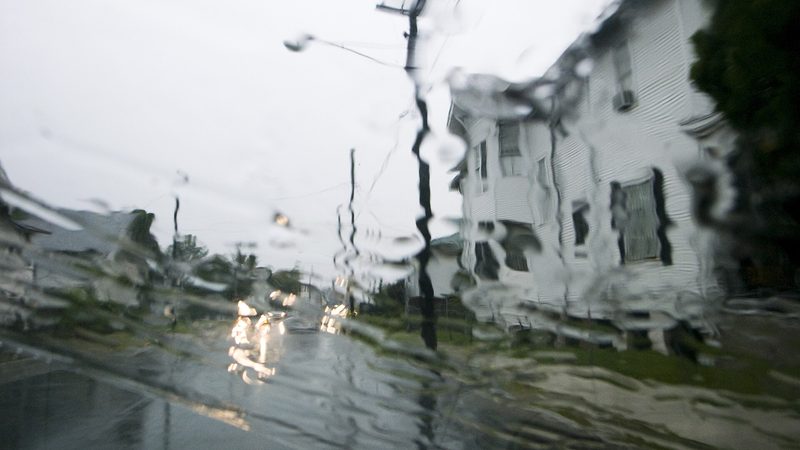 Rain on a windshield, the view a forward dash cam is there to record